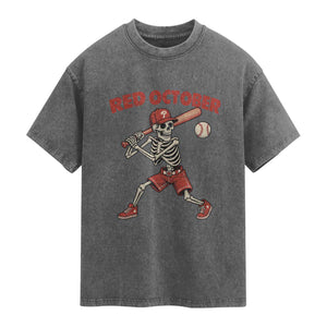 Red October Skeleton Baseball Washed Cotton T-Shirt Philadelphia Halloween Costume Funny TS10 Charcoal Print Your Wear