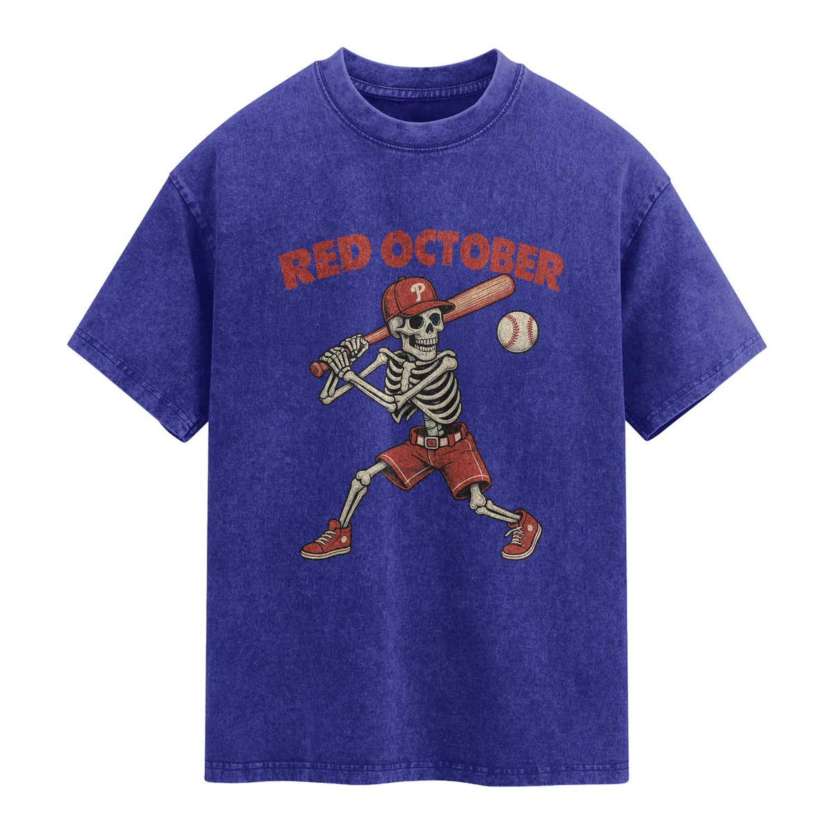 Red October Skeleton Baseball Washed Cotton T-Shirt Philadelphia Halloween Costume Funny TS10 Indigo Blue Print Your Wear