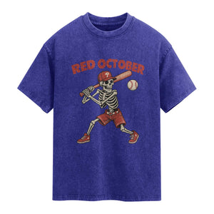 Red October Skeleton Baseball Washed Cotton T-Shirt Philadelphia Halloween Costume Funny TS10 Indigo Blue Print Your Wear