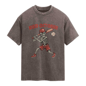 Red October Skeleton Baseball Washed Cotton T-Shirt Philadelphia Halloween Costume Funny TS10 Brown Print Your Wear