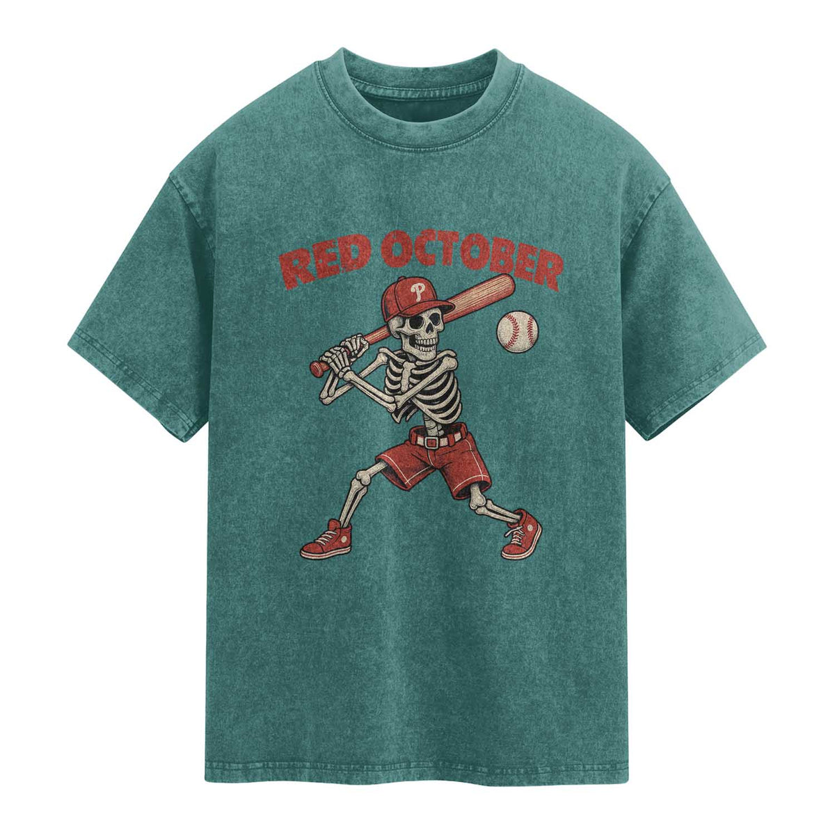 Red October Skeleton Baseball Washed Cotton T-Shirt Philadelphia Halloween Costume Funny TS10 Teal Green Print Your Wear