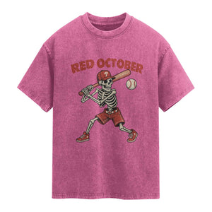 Red October Skeleton Baseball Washed Cotton T-Shirt Philadelphia Halloween Costume Funny TS10 Magenta Print Your Wear