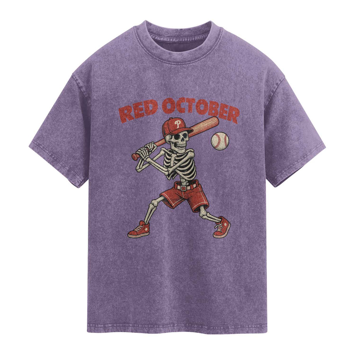 Red October Skeleton Baseball Washed Cotton T-Shirt Philadelphia Halloween Costume Funny TS10 Purple Print Your Wear