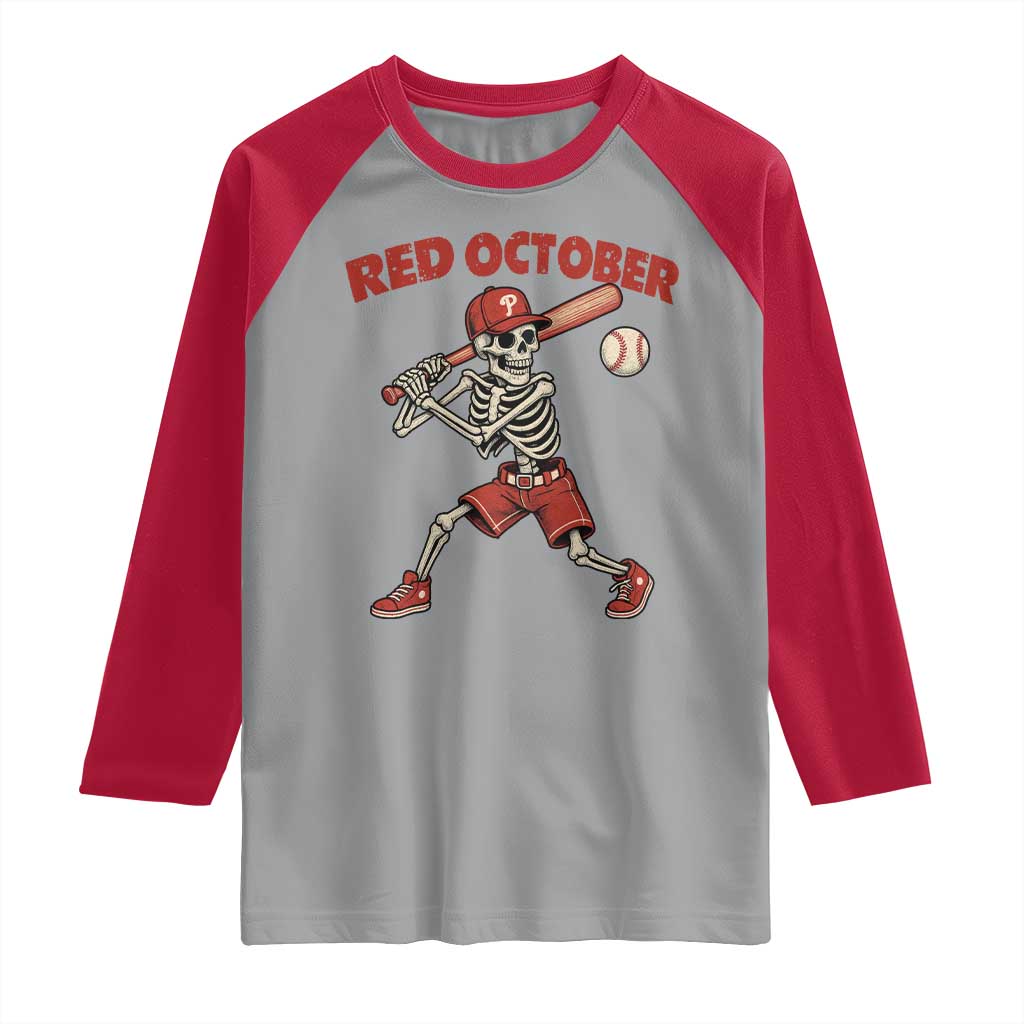 Red October Skeleton Baseball Raglan Shirt Philadelphia Halloween Costume Funny TS10 Sport Gray Red Print Your Wear