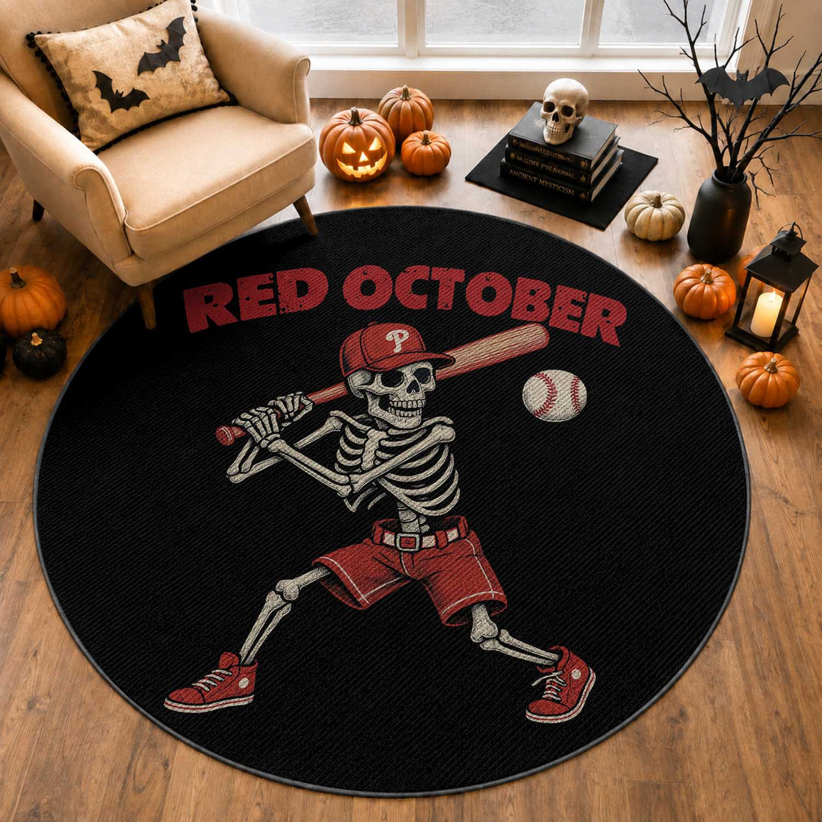 Red October Skeleton Baseball Round Rug Philadelphia Halloween Costume Funny