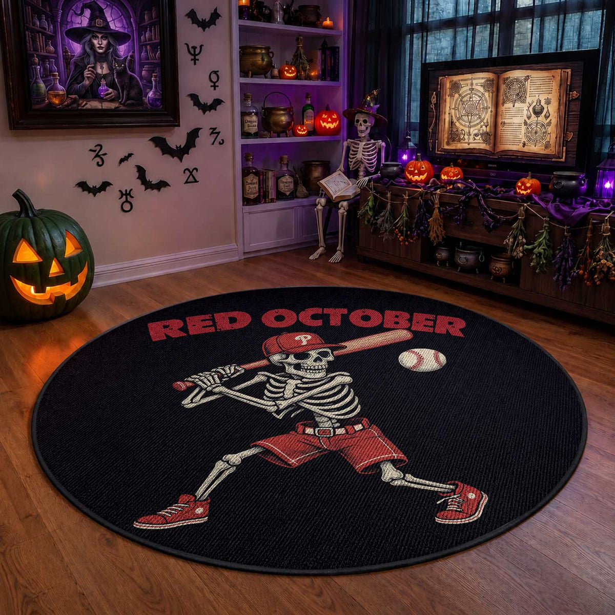Red October Skeleton Baseball Round Rug Philadelphia Halloween Costume Funny