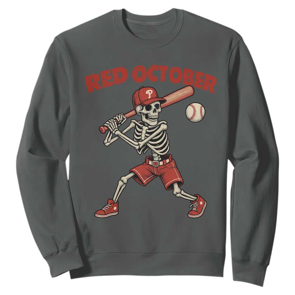 Red October Skeleton Baseball Sweatshirt Philadelphia Halloween Costume Funny TS10 Dark Heather Print Your Wear