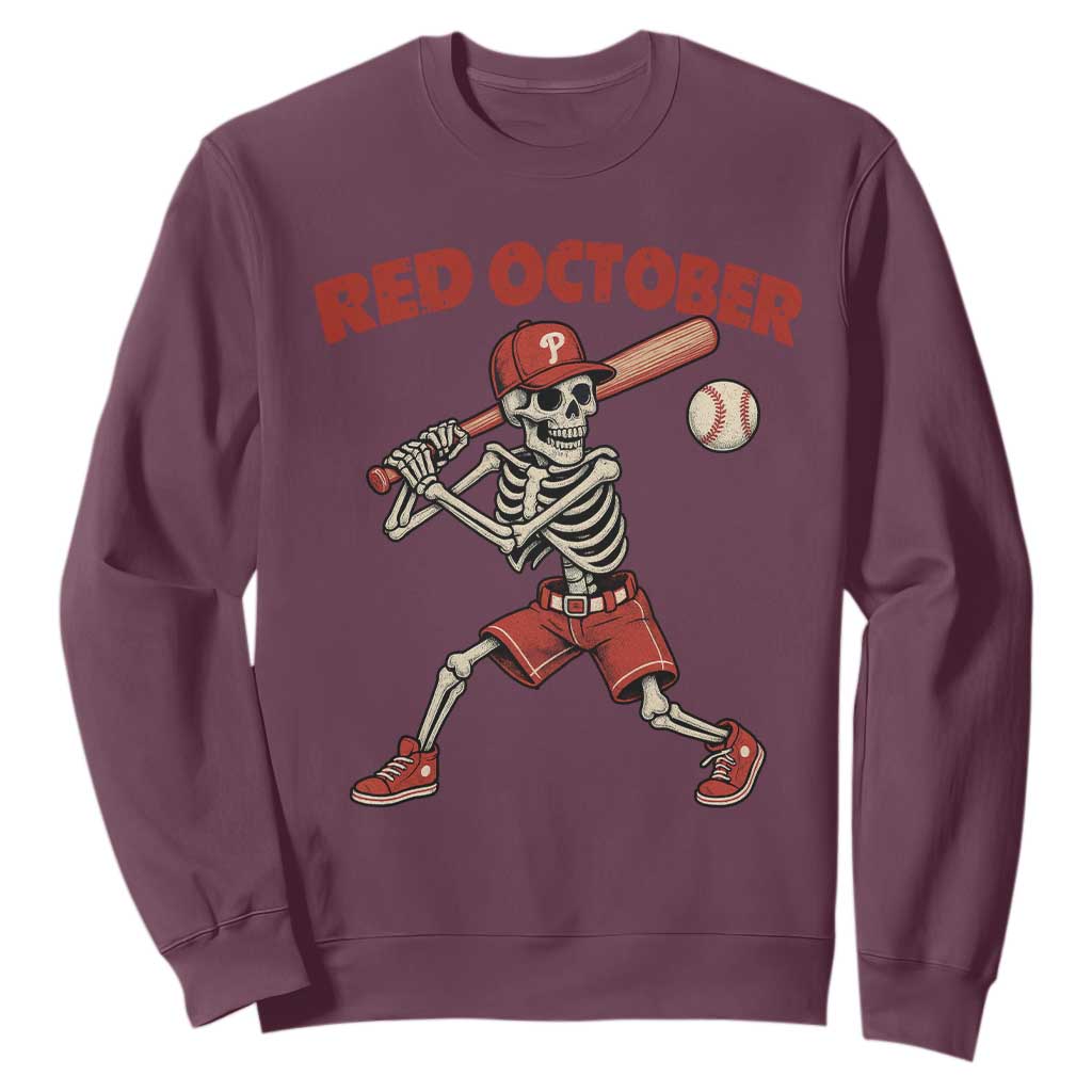 Red October Skeleton Baseball Sweatshirt Philadelphia Halloween Costume Funny TS10 Maroon Print Your Wear