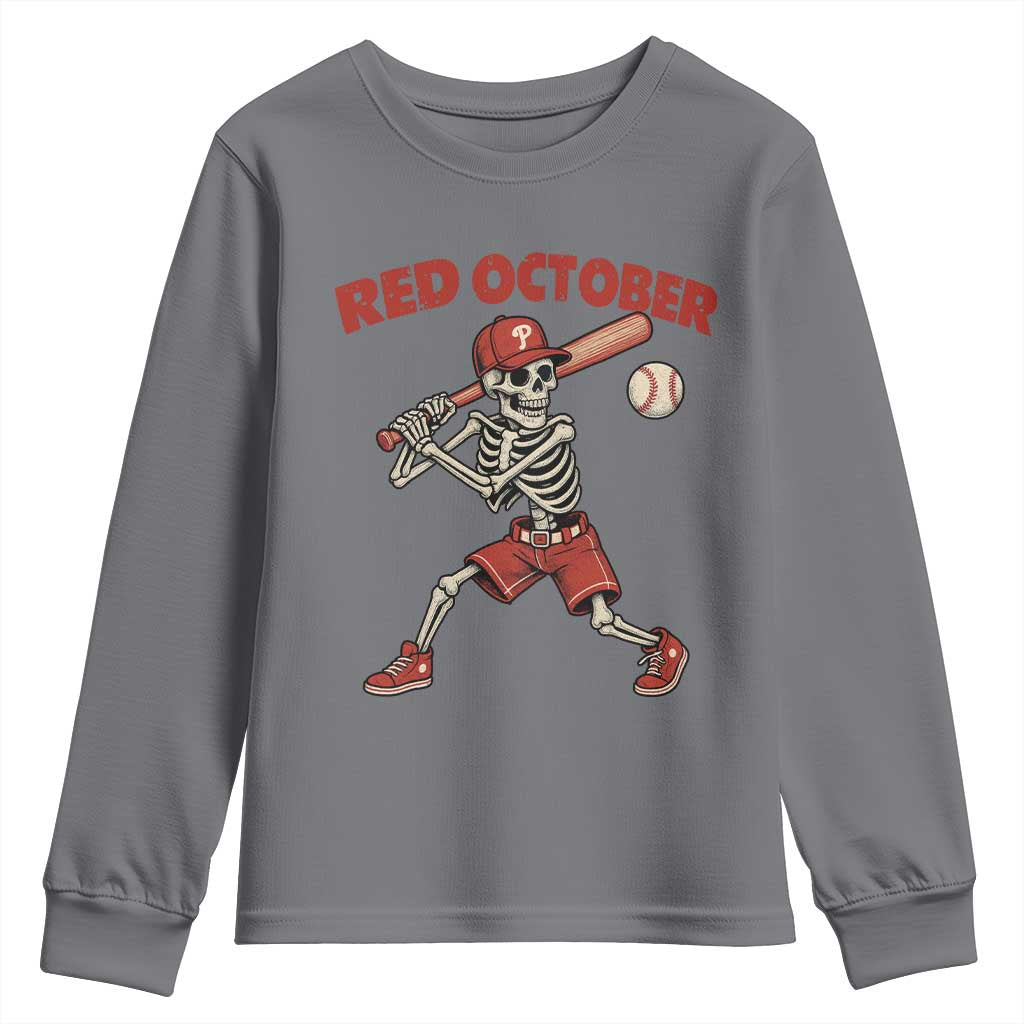 Red October Skeleton Baseball Youth Sweatshirt Philadelphia Halloween Costume Funny TS10 Charcoal Print Your Wear