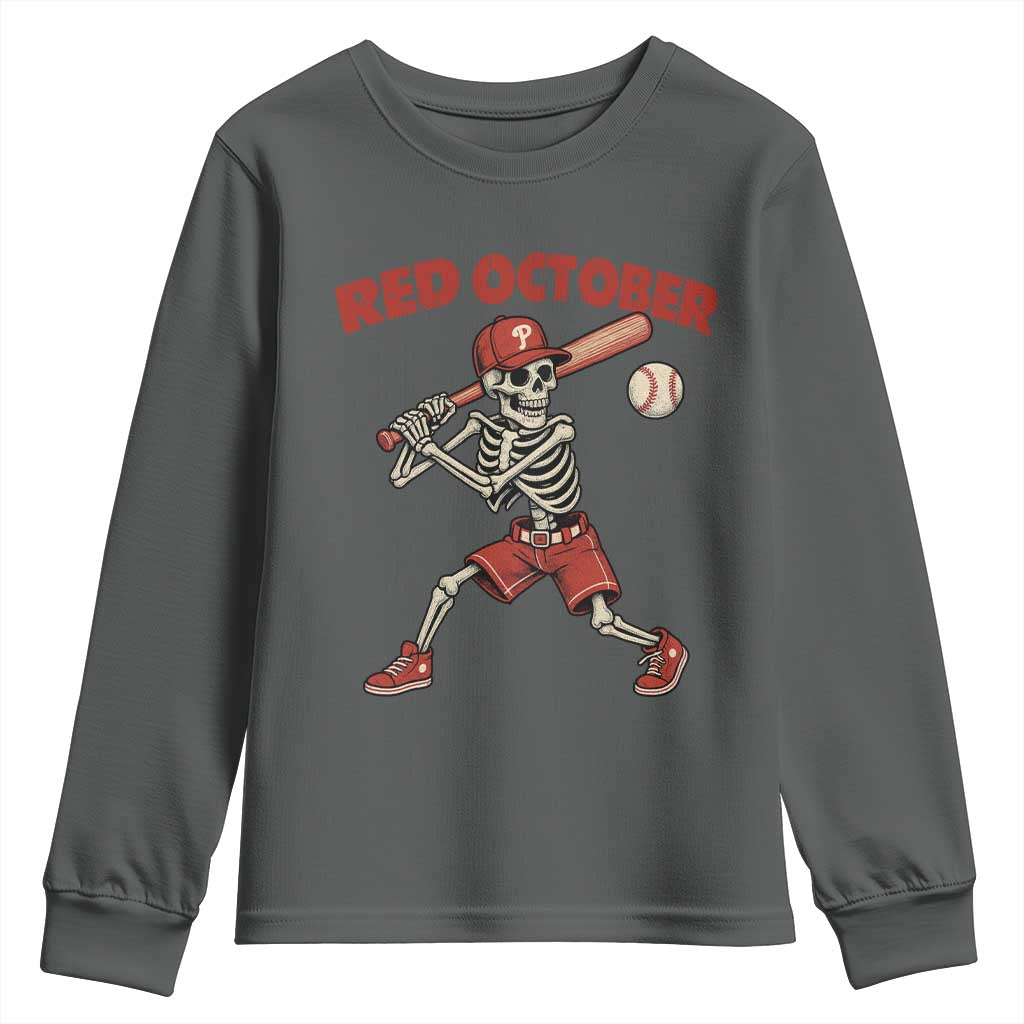 Red October Skeleton Baseball Youth Sweatshirt Philadelphia Halloween Costume Funny TS10 Dark Heather Print Your Wear