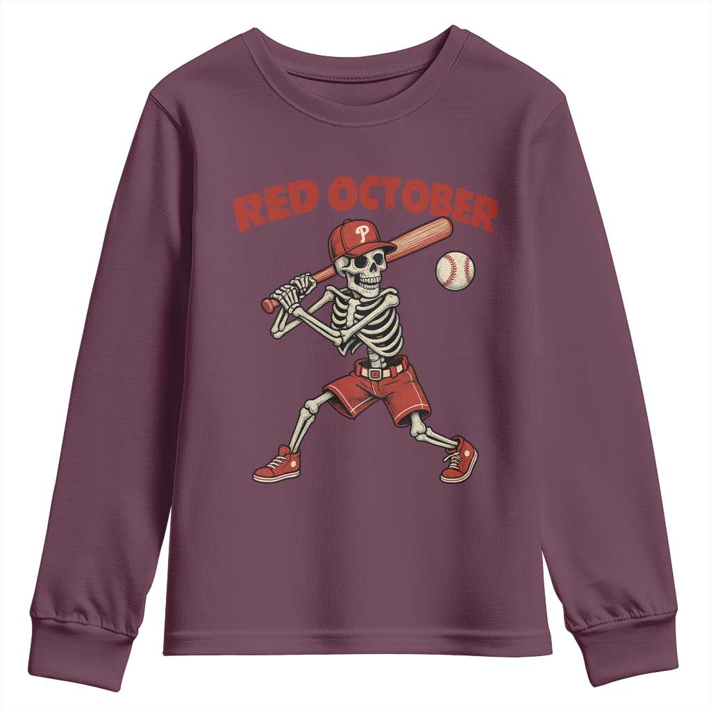 Red October Skeleton Baseball Youth Sweatshirt Philadelphia Halloween Costume Funny TS10 Maroon Print Your Wear
