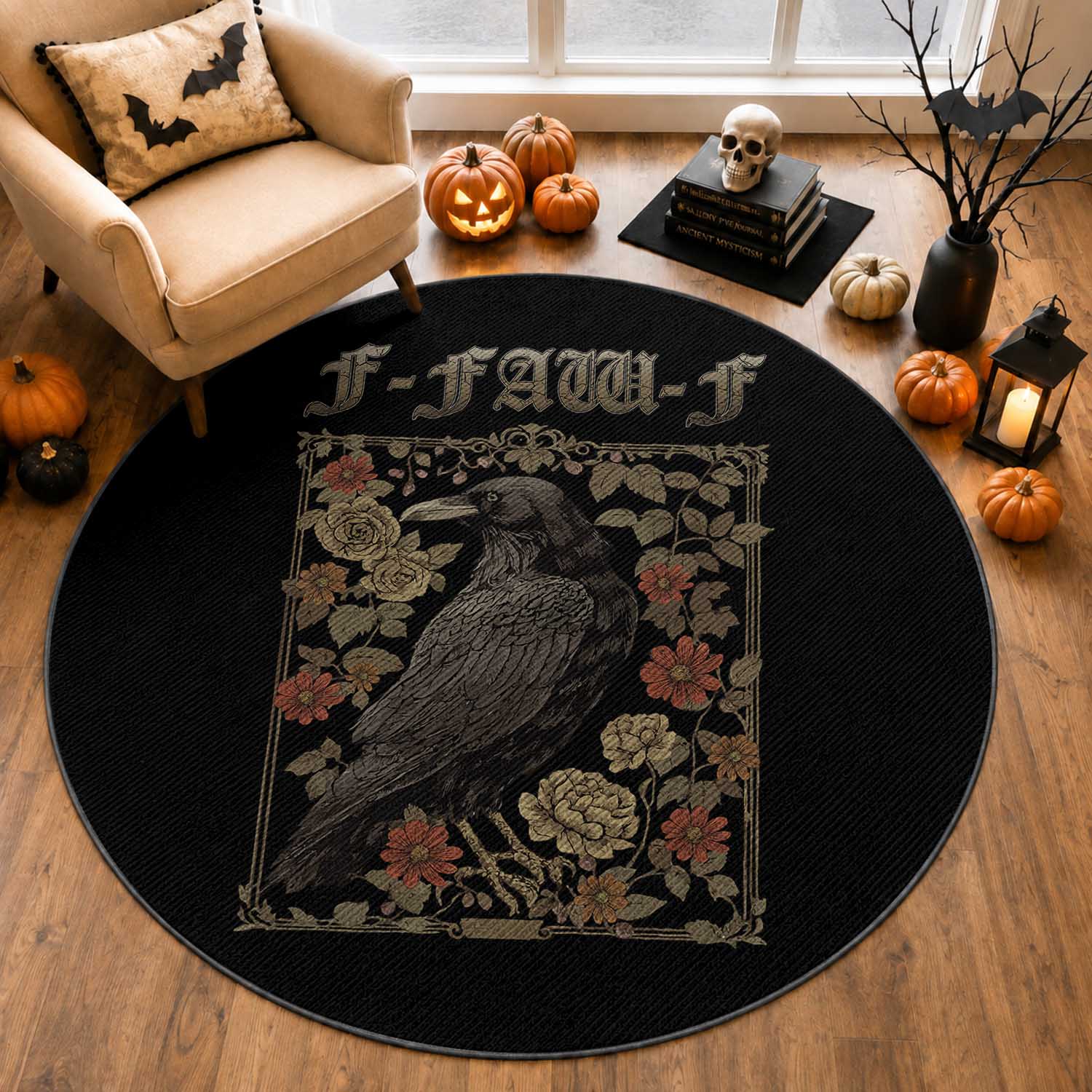 Funny F Caw F Crow Round Rug Vintage Bird Saying Adult Humor Gothic Tarot Card