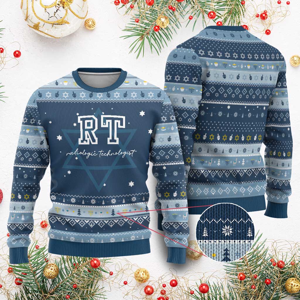 Radiology Technologist Hanukkah Ugly Sweater RT Xray Rad Tech Gift TS10 Navy Light Blue Print Your Wear