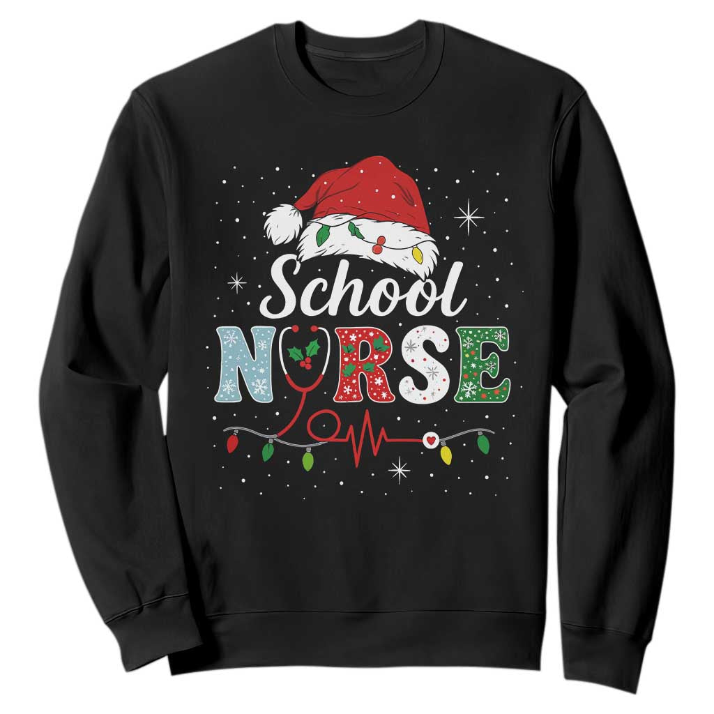 Christmas School Nurse Sweatshirt Xmas Lights Red Santa Hat Crew Nurse TS10 Black Print Your Wear