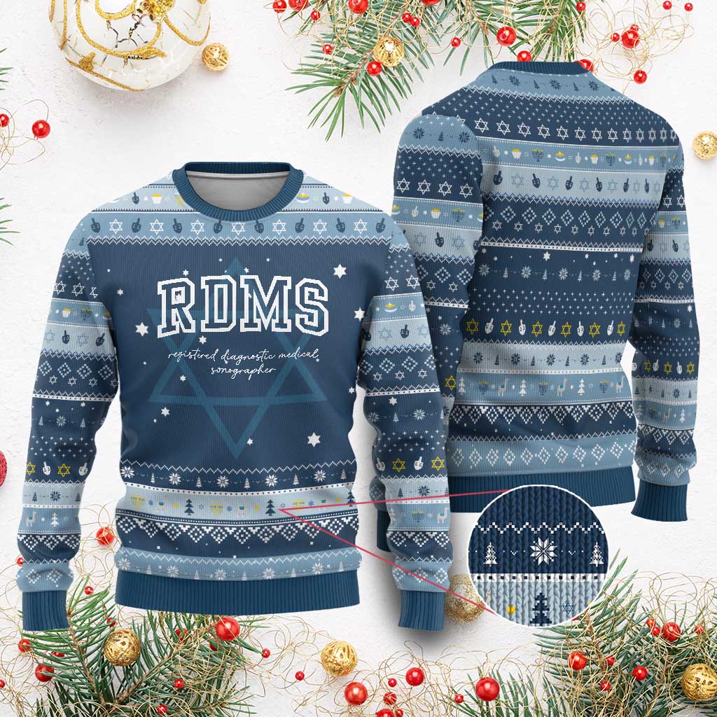 Sonographer Hanukkah Ugly Sweater RDMS Ultrasound Tech Technologist Gift TS10 Navy Light Blue Print Your Wear