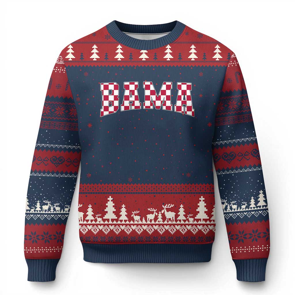 Vintage Bama Ugly Christmas Sweater Retro Checkered Varsity Alabama Lover AL State TS10 Navy Red Print Your Wear