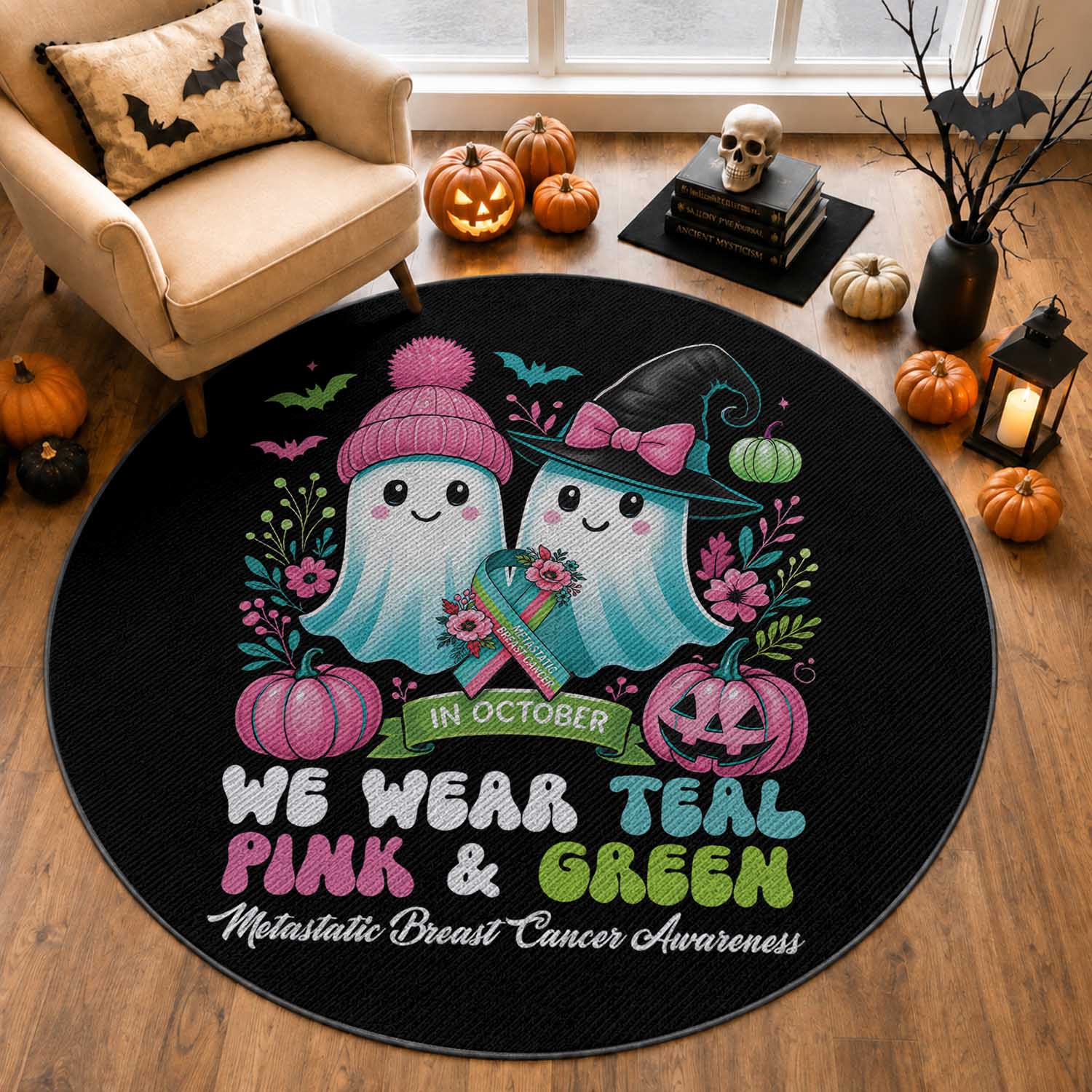 Metastatic Breast Cancer Awareness Ghost Round Rug Halloween Green Teal Pink Ribbon