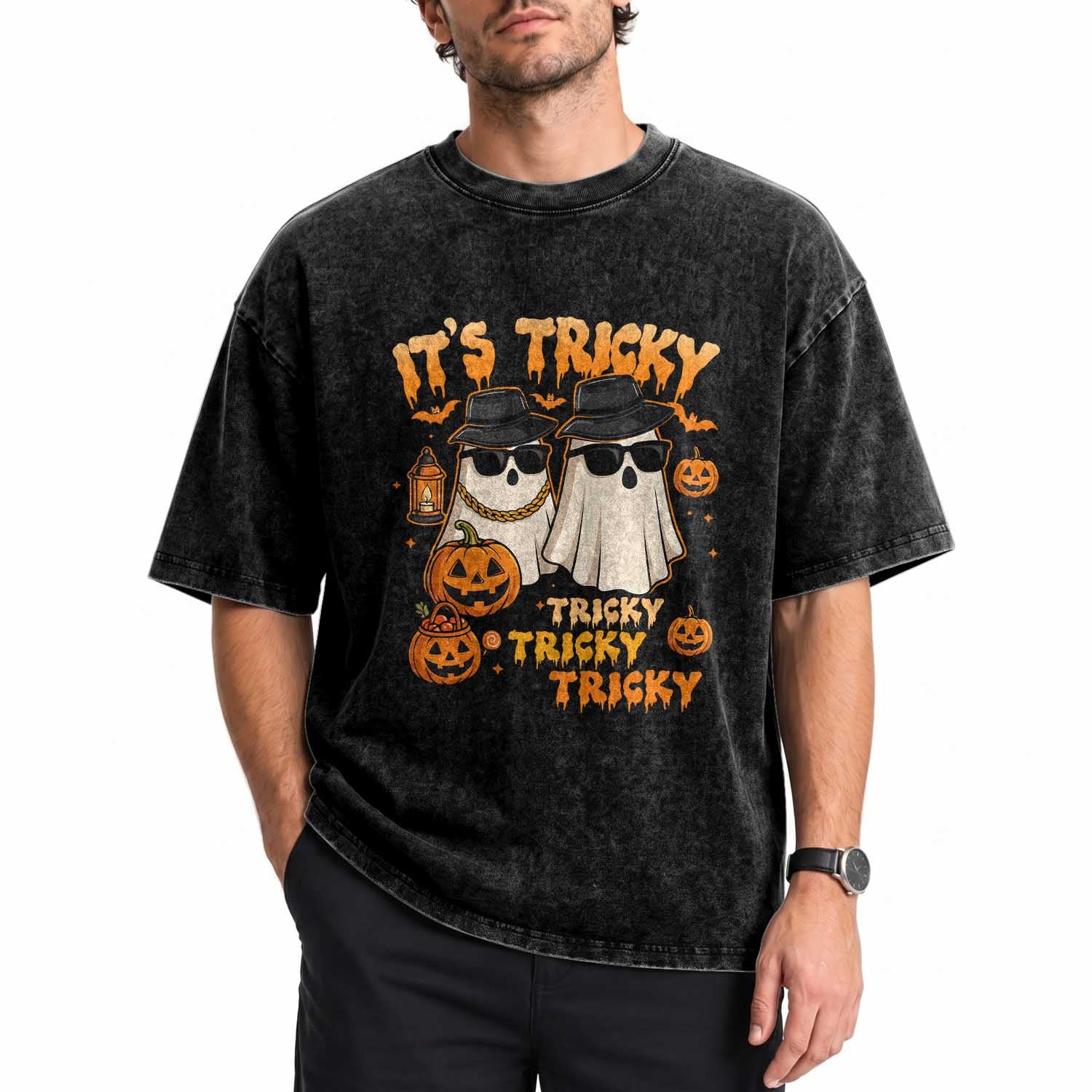 Funny Ghost Washed Cotton T-Shirt It's Tricky Tricky Tricky 90s Nostalgia Halloween Costume TS10 Print Your Wear