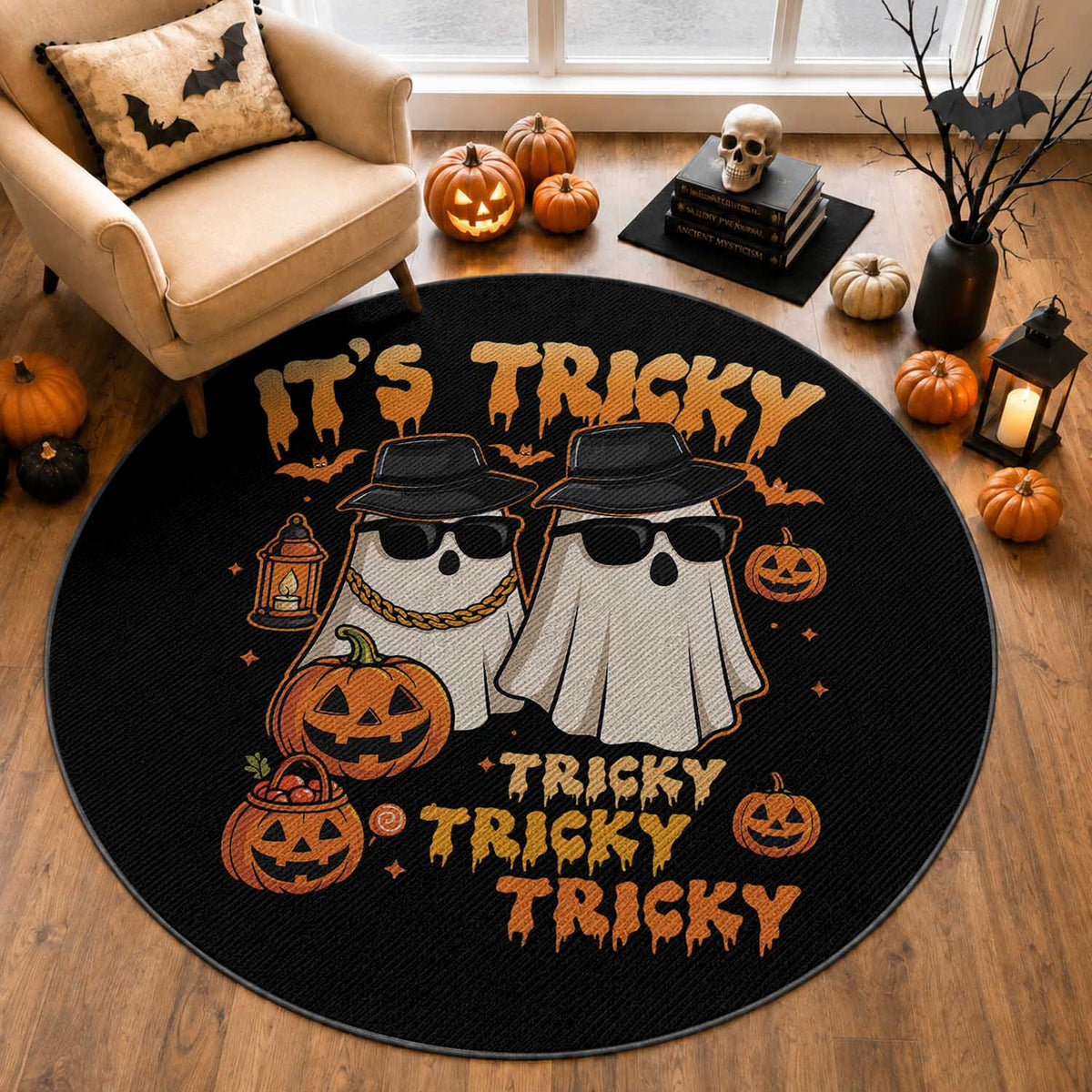 Funny Ghost Round Rug It's Tricky Tricky Tricky 90s Nostalgia Halloween Costume