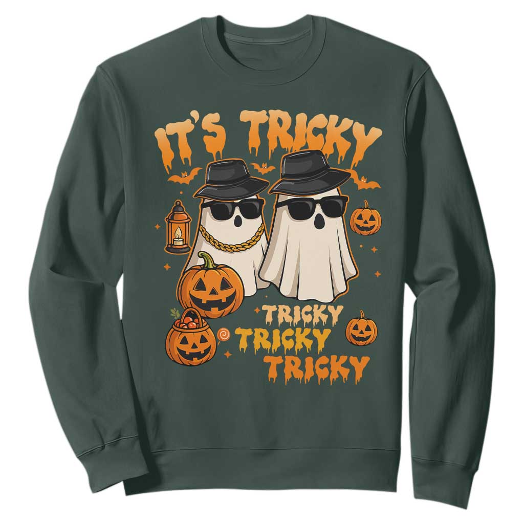 Funny Ghost Sweatshirt It's Tricky Tricky Tricky 90s Nostalgia Halloween Costume TS10 Dark Forest Green Print Your Wear