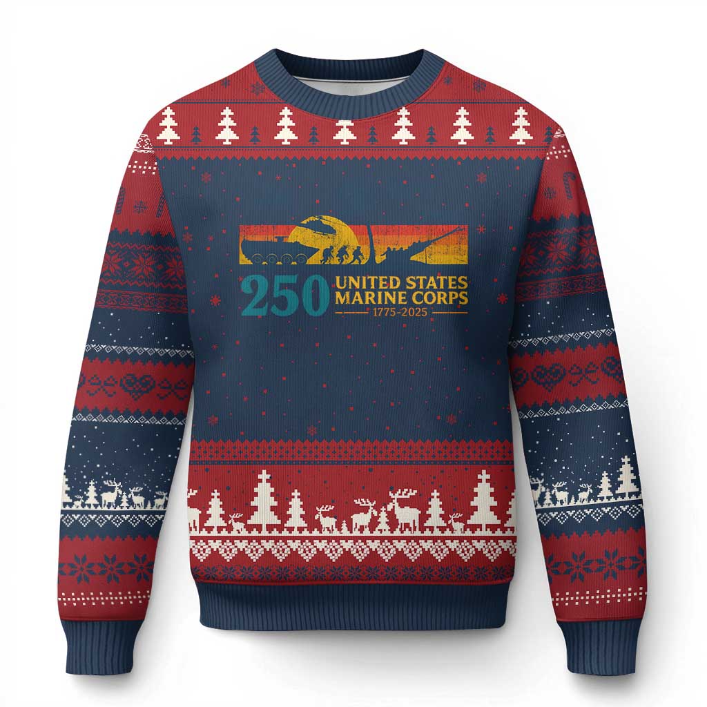 Marine 250th Anniversary Ugly Christmas Sweater Patriotic Military Gift for Veterans TS10 Navy Red Print Your Wear