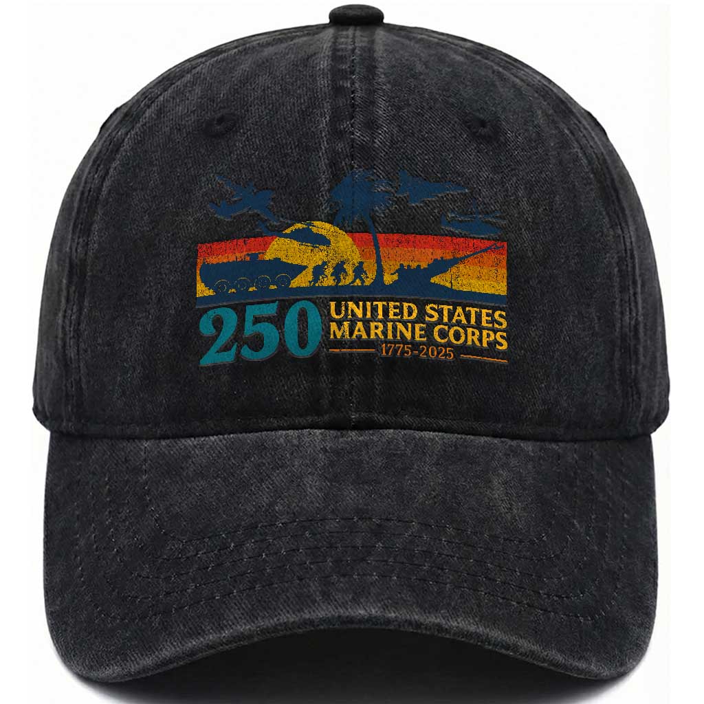 Marine 250th Anniversary Washed Cotton Baseball Cap Patriotic Military Gift for Veterans TS10 Washed Cap Universal Fit Black Print Your Wear