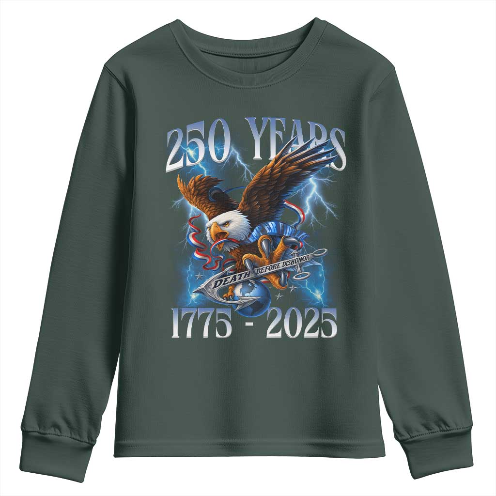 Marine Veteran 250th Anniversary Youth Sweatshirt Eagle Patriotic Military Gift for Marines Veterans TS10 Dark Forest Green Print Your Wear