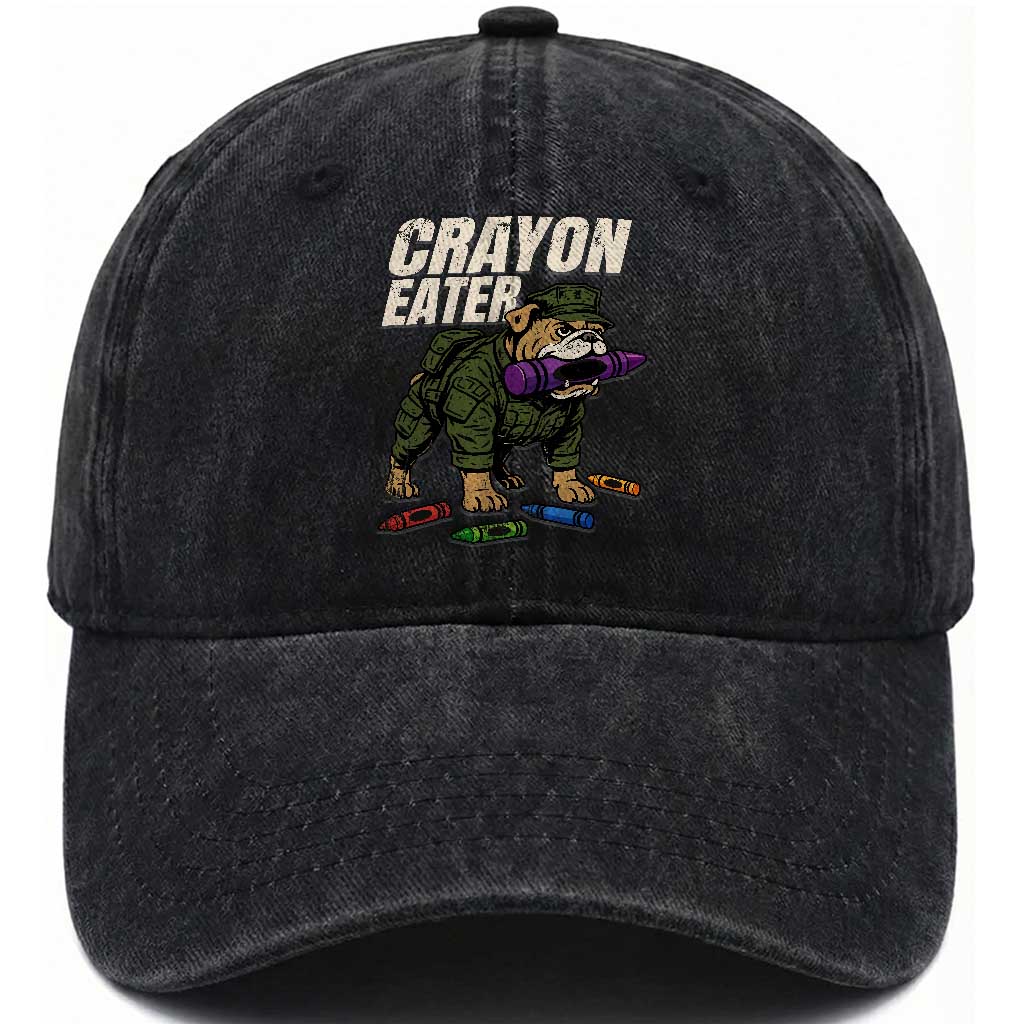 Crayon Eater Washed Cotton Baseball Cap Funny Bulldog Military Corps Proud Soldier Family TS10 Washed Cap Universal Fit Black Print Your Wear
