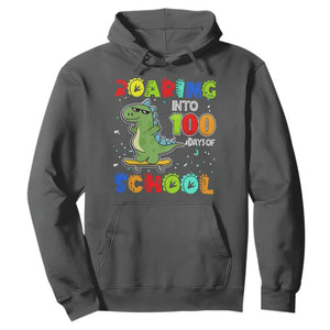 100 Days Of School Dinosaur Hoodie Trex Dino Skateboard Skateboarding Boys Roaring Into 100th Day TS10 Dark Heather Print Your Wear