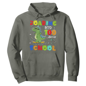 100 Days Of School Dinosaur Hoodie Trex Dino Skateboard Skateboarding Boys Roaring Into 100th Day TS10 Military Green Print Your Wear