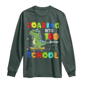 100 Days Of School Dinosaur Long Sleeve Shirt Trex Dino Skateboard Skateboarding Boys Roaring Into 100th Day TS10 Dark Forest Green Print Your Wear