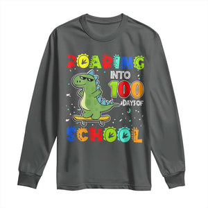 100 Days Of School Dinosaur Long Sleeve Shirt Trex Dino Skateboard Skateboarding Boys Roaring Into 100th Day TS10 Dark Heather Print Your Wear