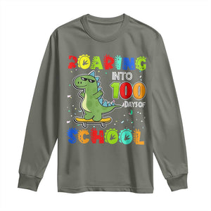 100 Days Of School Dinosaur Long Sleeve Shirt Trex Dino Skateboard Skateboarding Boys Roaring Into 100th Day TS10 Military Green Print Your Wear