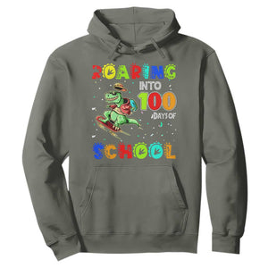 Funny Dinosaur Trex Roaring Into 100 Days Of School Hoodie TS10 Military Green Print Your Wear