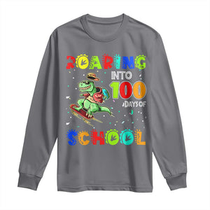 Funny Dinosaur Trex Roaring Into 100 Days Of School Long Sleeve Shirt TS10 Charcoal Print Your Wear