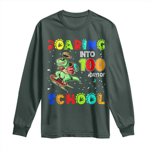 Funny Dinosaur Trex Roaring Into 100 Days Of School Long Sleeve Shirt TS10 Dark Forest Green Print Your Wear