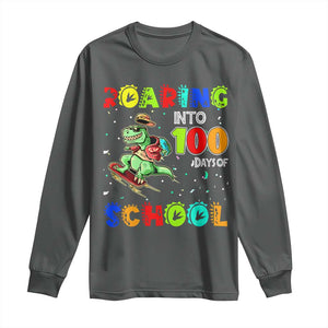 Funny Dinosaur Trex Roaring Into 100 Days Of School Long Sleeve Shirt TS10 Dark Heather Print Your Wear