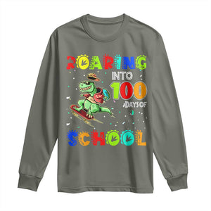 Funny Dinosaur Trex Roaring Into 100 Days Of School Long Sleeve Shirt TS10 Military Green Print Your Wear