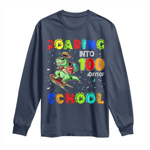 Funny Dinosaur Trex Roaring Into 100 Days Of School Long Sleeve Shirt TS10 Navy Print Your Wear