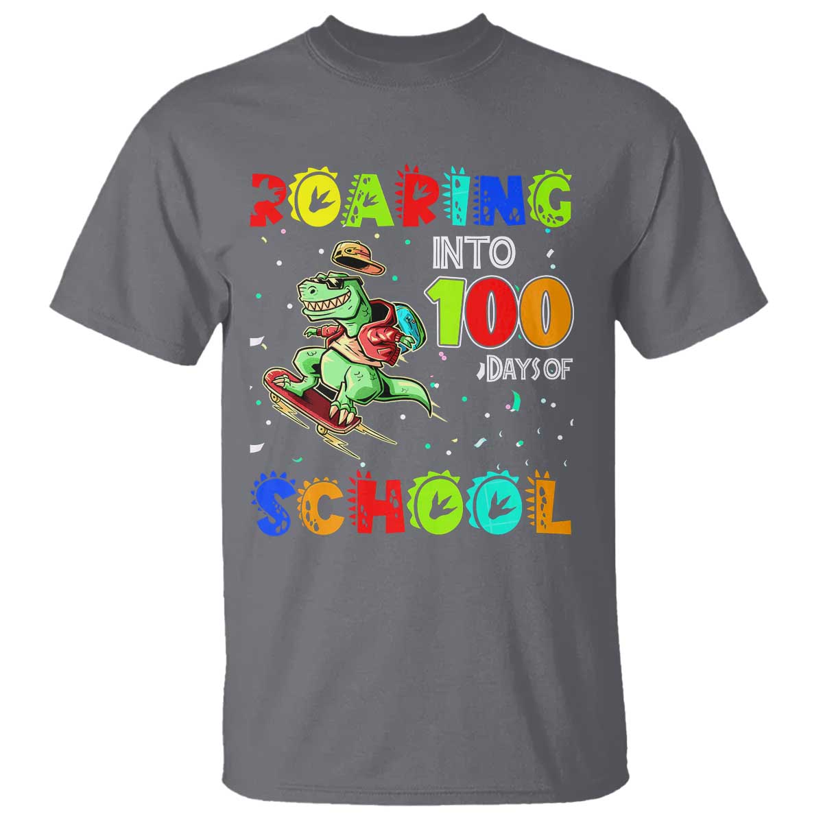 Funny Dinosaur Trex Roaring Into 100 Days Of School T Shirt TS10 Charcoal Print Your Wear