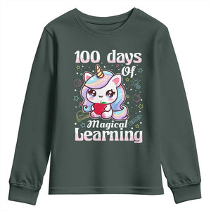 100th Day Of School Unicorn Girls Youth Sweatshirt Magical Learning TS10 Dark Forest Green Print Your Wear