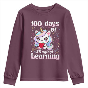 100th Day Of School Unicorn Girls Youth Sweatshirt Magical Learning TS10 Maroon Print Your Wear