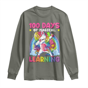 100 Days Of School Long Sleeve Shirt Rainbow Dabbing Unicorn Magic Learning Girls Gift TS10 Military Green Print Your Wear