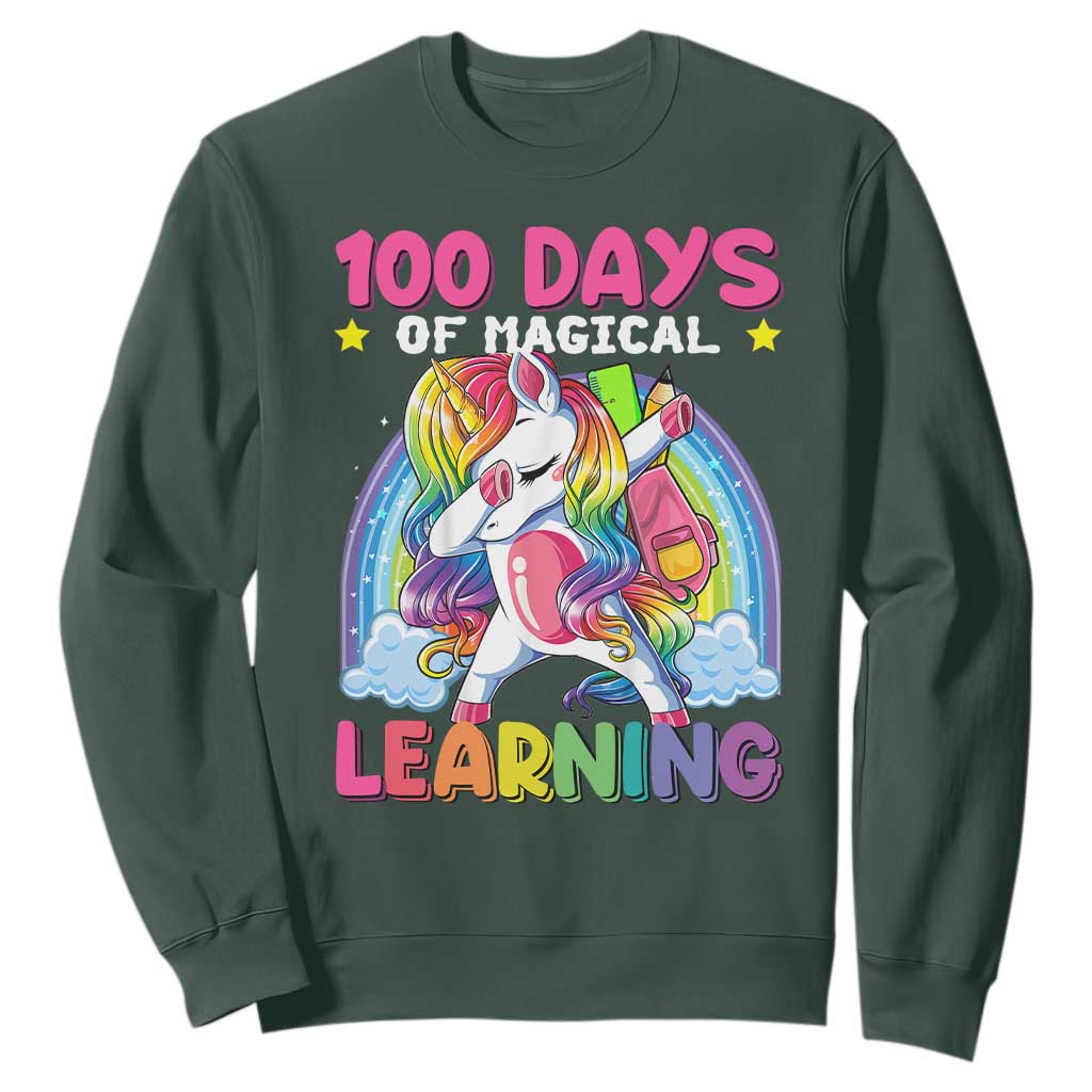 100 Days Of School Sweatshirt Rainbow Dabbing Unicorn Magic Learning Girls Gift TS10 Dark Forest Green Print Your Wear