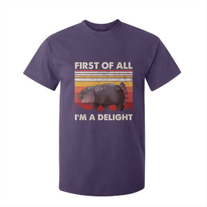 Moo Deng T Shirt For Kid First Of All I'm A Delight Sarcastic Angry Pygmy Hippo TS10 Purple Print Your Wear