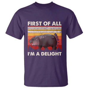 Moo Deng T Shirt First Of All I'm A Delight Sarcastic Angry Pygmy Hippo TS10 Purple Print Your Wear