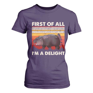 Moo Deng T Shirt For Women First Of All I'm A Delight Sarcastic Angry Pygmy Hippo TS10 Purple Print Your Wear