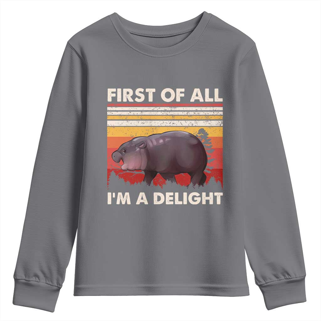 Moo Deng Youth Sweatshirt First Of All I'm A Delight Sarcastic Angry Pygmy Hippo TS10 Charcoal Print Your Wear