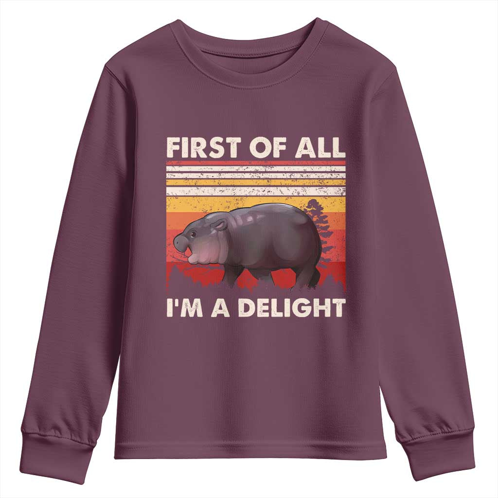 Moo Deng Youth Sweatshirt First Of All I'm A Delight Sarcastic Angry Pygmy Hippo TS10 Maroon Print Your Wear