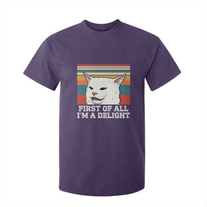 Cat Meme T Shirt For Kid First Of All I'm A Delight Sarcastic Angry Cat TS10 Purple Print Your Wear